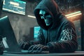 Anonymous skeleton hacker with hood sitting next to computer, AI Generative