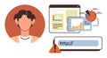 Anonymous user with data analytics dashboard, URL warning, and performance insights Royalty Free Stock Photo