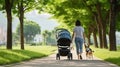 Anonymous woman with stroller and dog walking together in summer. Generative AI