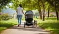 Anonymous woman with stroller and dog walking together in summer. Generative AI