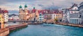 Anoramic morning view of Jesuitenkirche Church. Beautiful autumn cityscape of Lucerne.