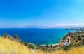 anoramic view of Mikronisi, Agios Nikolaos, Crete. Beautiful bay view with blue sea and islands. Panorama on Crete island. Destina