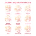 Anorexia and bulimia red gradient concept icons set