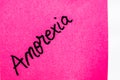 Anorexia handwriting text close up isolated on pink paper with copy space. Writing text on memo post reminder