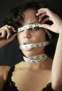 Anorexia, measuring tape and cover with face of woman for eating disorder, weight loss and fear. Diet, frustrated and Royalty Free Stock Photo
