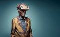 Another reality is here! Handsome old African man in VR headset standing against a blue background. Generative AI