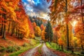 Panoramic autumn landscape with forest path Royalty Free Stock Photo