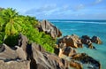 Anse Source d`Argent beach with big granite rocks in sunny day. La Digue Island, Indian Ocean, Seychelles. Royalty Free Stock Photo