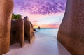 Anse Source d`Argent beach in the Seychelles at sunset Royalty Free Stock Photo