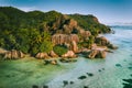 Anse Source D argent beautiful famous beach at La Digue Island, Seychelles. Aerial drone photo from above Royalty Free Stock Photo