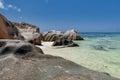 Anse Source d`Argent - granite rocks at beautiful beach on tropical island La Digue in Seychelles Royalty Free Stock Photo
