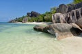 Anse Source d`Argent - granite rocks at beautiful beach on tropical island La Digue in Seychelles Royalty Free Stock Photo