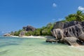 Anse Source d`Argent - granite rocks at beautiful beach on tropical island La Digue in Seychelles Royalty Free Stock Photo