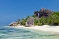 Anse Source d`Argent - granite rocks at beautiful beach on tropical island La Digue in Seychelles Royalty Free Stock Photo