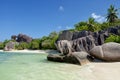 Anse Source d`Argent - granite rocks at beautiful beach on tropical island La Digue in Seychelles Royalty Free Stock Photo