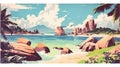 Anse Source dArgent Seychelles on a sunny day - illustration retro style - made with Generative AI tools Royalty Free Stock Photo