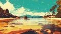 Anse Source dArgent Seychelles on a sunny day - illustration retro style - made with Generative AI tools Royalty Free Stock Photo
