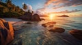 Anse Source dArgent Seychelles at sunset - made with Generative AI tools Royalty Free Stock Photo