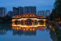 Anshun bridge at night surrounded by modern building in Chengdu city, Sichuan, China Royalty Free Stock Photo