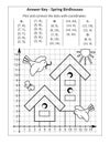 This is answer key page for coordinate graphing, or drawing by coordinates, math worksheet with birds, nestlings, birdhouses Royalty Free Stock Photo