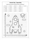 This is answer key page for coordinate graphing, or drawing by coordinates, math worksheet with spaceship or rocket