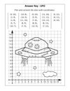 This is answer key page for coordinate graphing, or drawing by coordinates, math worksheet with ufo