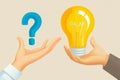 An answer to a question, a business solution, asking for an idea to solve difficulty and trouble, FAQ concept