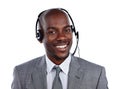 Answering your call with a smile. Cropped portrait of a businessman wearing a headset against a white background. Royalty Free Stock Photo