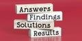 Answers, findings, solutions, results - words on wooden blocks