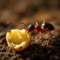 Cinematic Ant Close-Up: Hyperdetailed 4K Macro of Ant Biting Bread Crumb Royalty Free Stock Photo