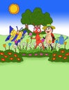 Ant butterflies and lady bugs pick flowers in the garden illustration