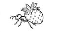 Cute Ant Carrying a Strawberry - Black and White Cartoon Royalty Free Stock Photo