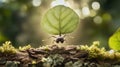 Ant carrying a large green leaf on a mossy log in soft sunlight, macro shot Royalty Free Stock Photo