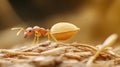 Red Ant Carrying Seed on Forest Floor, Macro Photography Royalty Free Stock Photo