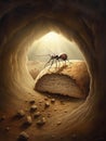 An ant carrying a piece of bread through a tunnel in a mysterious mound of earth.. AI generation