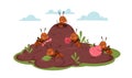 Ant colony, ants carry fruit and insects. Working together, adorable cute bugs, nature characters. Forest or meadow