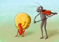 The ant and the cricket - funny colorful digital illustration