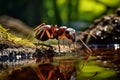Ant drinks water from a forest brook