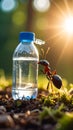 Ant Exploring Water Bottle in Nature Under Sunlight Close Up Macro View Royalty Free Stock Photo