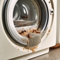 Ant house, anthill, sand formicary inside white washing machine. Nature is everywhere, insects in kitchen Royalty Free Stock Photo