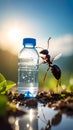Ant Investigating Water Bottle in Bright Sunlight Close Up Macro Scene Outdoors Royalty Free Stock Photo