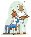 Ant mascot illustration doing stretching exercises on colleague