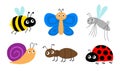 Ant, mosquito, bee bumblebee, butterfly, snail cochlea, lady bug ladybird flying insect icon set. Ladybug. Cute cartoon kawaii
