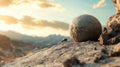 Ant pushing giant boulder uphill, symbolizing perseverance, struggle, and overcoming challenges at sunset Royalty Free Stock Photo