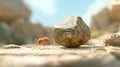 Tiny ant pushing a giant boulder in a desert landscape, concept of effort and persistence Royalty Free Stock Photo
