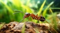 Ant resting on the grass. an ant with dark brown coloring perched. generative ai Royalty Free Stock Photo
