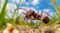 Ant resting on the grass. an ant with dark brown coloring perched. generative ai Royalty Free Stock Photo