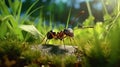 Ant resting on the grass. an ant with dark brown coloring perched. generative ai Royalty Free Stock Photo
