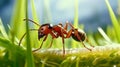 Ant resting on the grass. an ant with dark brown coloring perched. generative ai Royalty Free Stock Photo