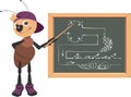 Ant teacher at blackboard shows drawing. Animal education